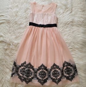 Bonnie Jean Dress Sz 16 Black Pink Overlay Sequin Tulle Holiday Sheer Sleeveless